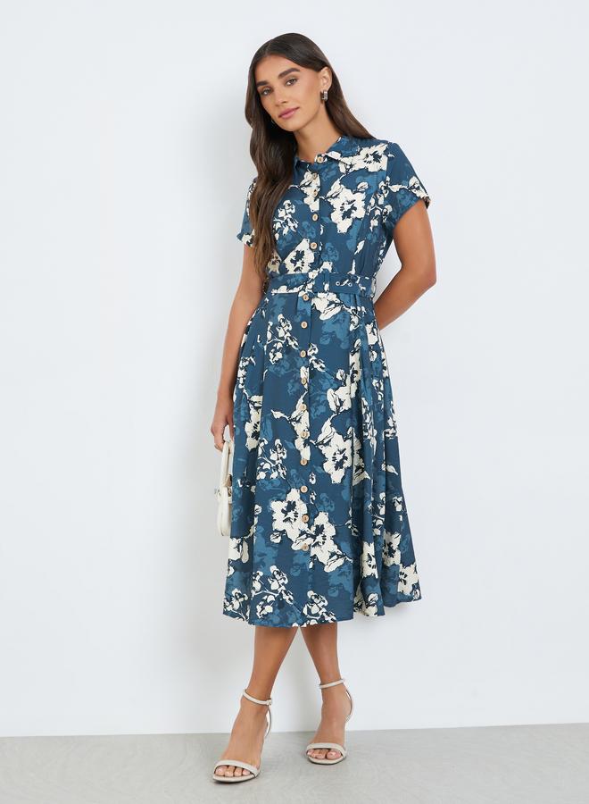 Women Navy Blue Floral Print Shirt Midi Dress